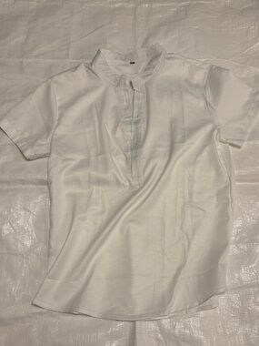 White Short Sleeve Linen Henley Top